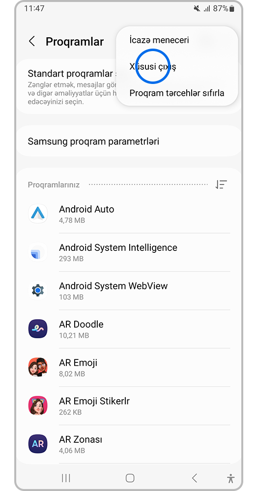Xüsusi çıxıs seçin.
