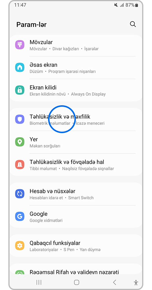 Parametrlər > Təhlükəsizlik və məxfilik