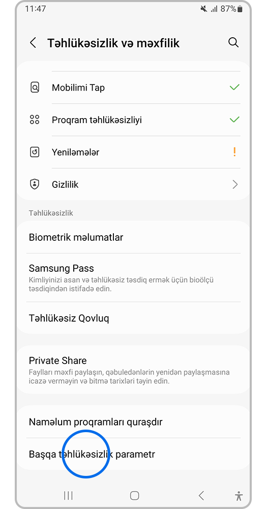 Başqa təhlükəsizlik parametr bəndini seçin