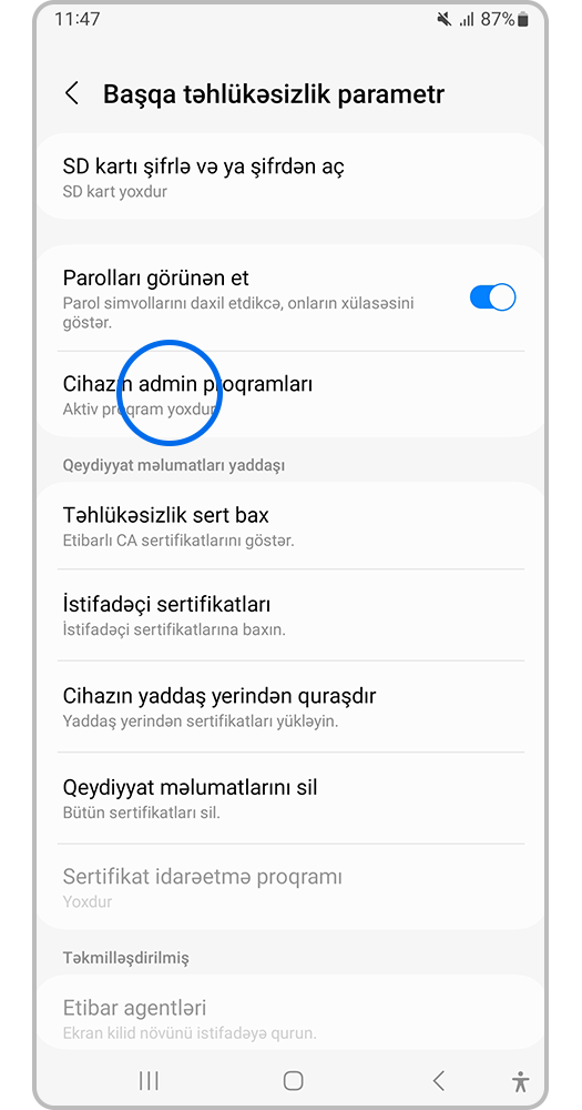 Cihazın admin proqramlar seçin