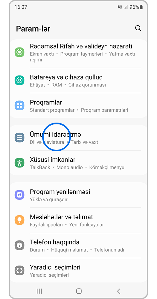 Parametrlər > Ümumi idarəetmə