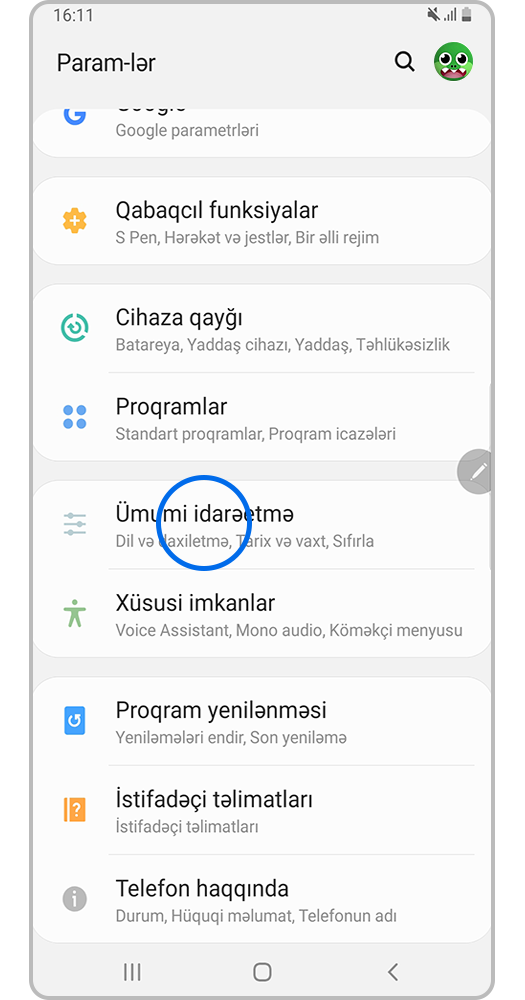 Parametrlər > Ümumi idarəetmə