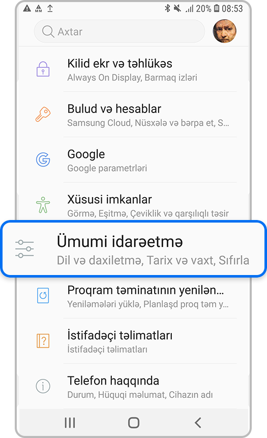 Tənzimləmələri açın və Ümumi idarəetma bölməsinə keçin.