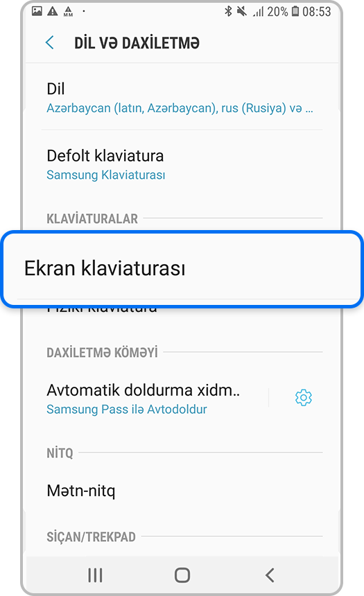 Ekran klaviaturası əlavəsinə keçin