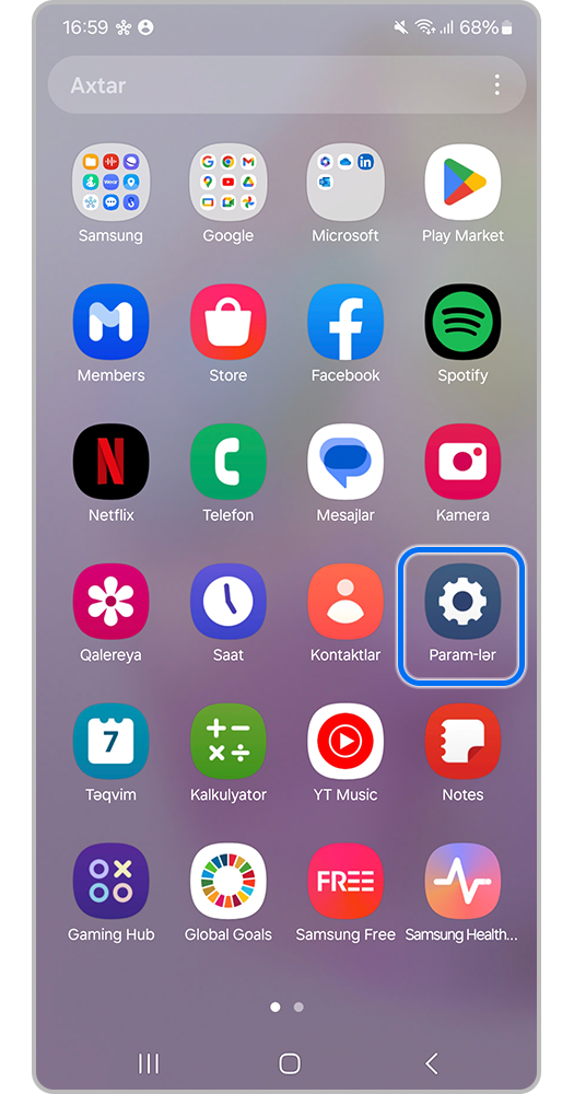 Smartfon ekranı, Parametrlər daxil olun.