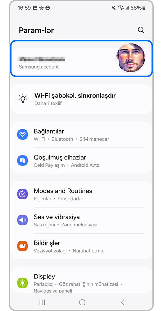 Smartfon ekranı, Samsung Account hesabına gedirik.