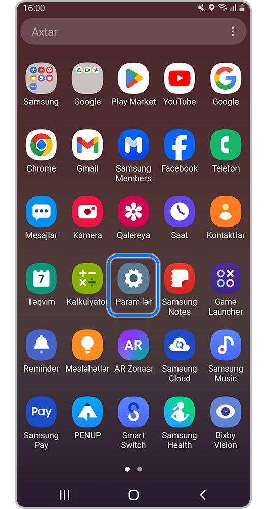 Smartfon ekranı, Parametrlər daxil olun.