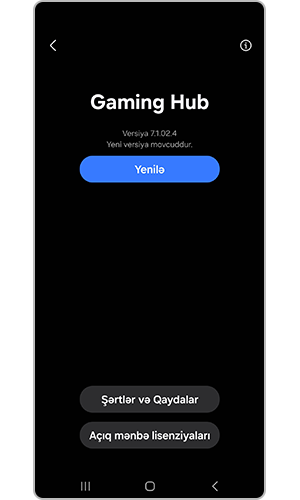 "Yeniləmə" seçimini tıklayaraq "Gaming Hub haqqında" bölməsini açın. Bu ekranda versiyanızı yeniləyə və ya hansı versiyaya sahib olduğunuzu görə bilərsiniz.