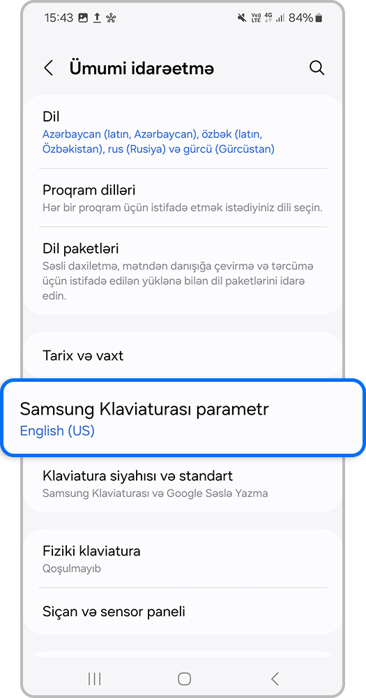 "Parametrlər Samsung klaviaturası"na gedin