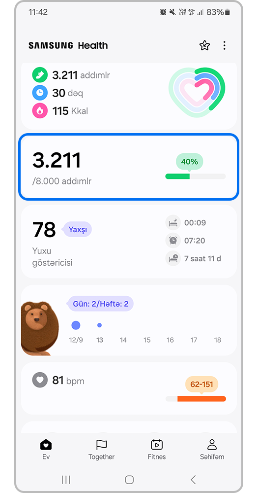Samsung Health > Addımlar