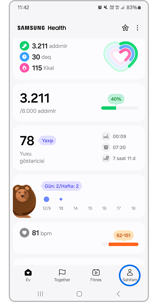 Samsung Health > Səhifəm