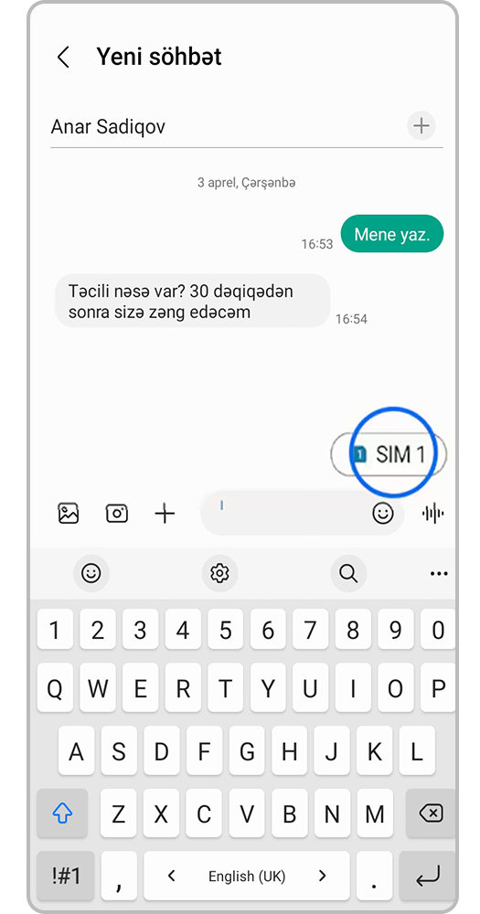 Bir SIM kartdan digərinə keçmək üçün SIM kart işarəsinə basın. Bunu ismarış mətnini daxil etməzdən öncə etsəniz, daha yaxşı olar, əks halda, çap etdiyiniz bütün mətn silinəcək.