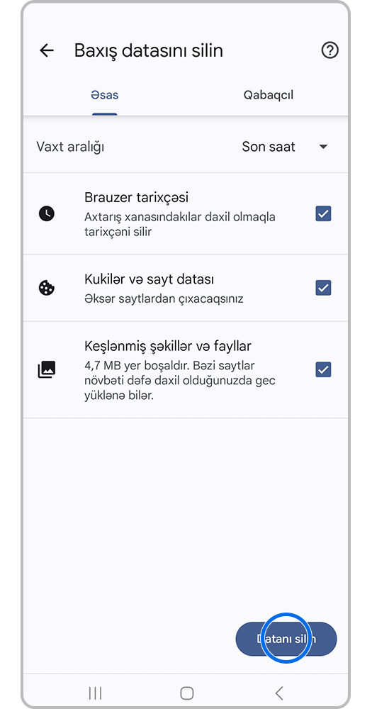 Silmək istədiyinizi dəqiq qeyd edin və "Məlumatları Sil"düyməsini basın