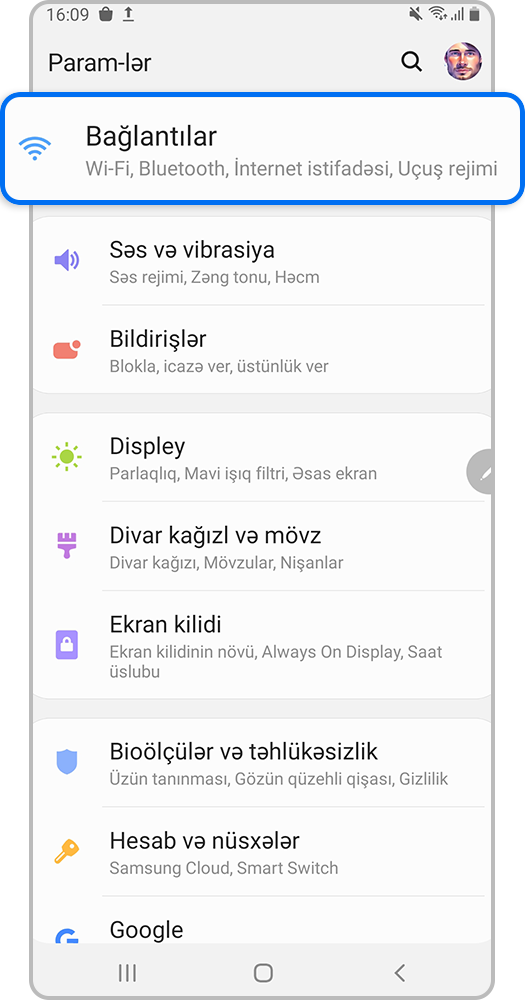 Smartfon ekranı, Parametrlər tətbiqini açın.