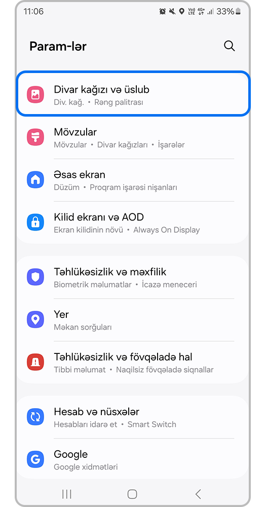 "Ayarlar > divar kağızı və stil" i açın