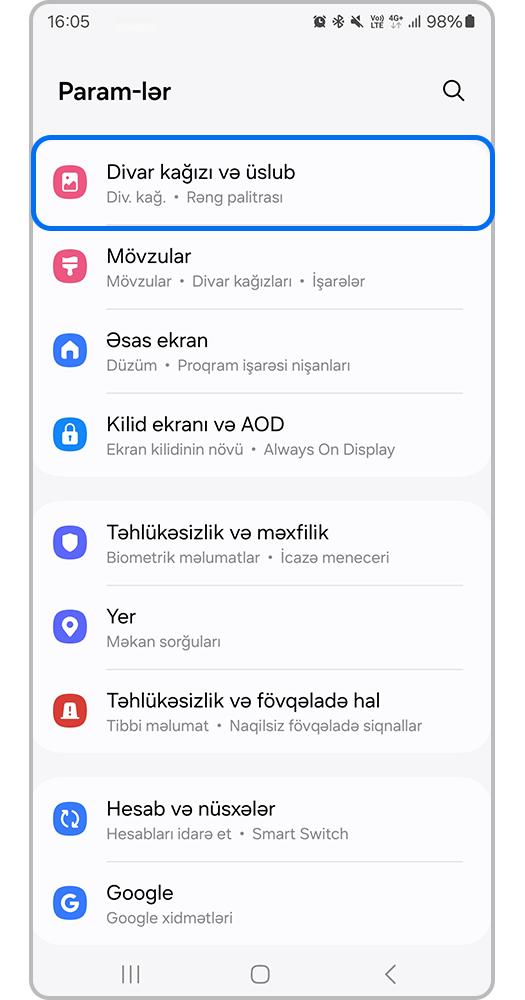 Divar kağızları və üslub bölməsini açın
