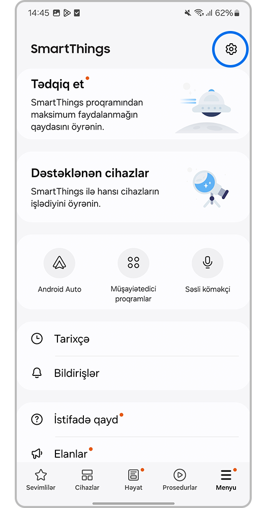 Daha sonra ekranın yuxarı sağ küncündəki dişli çarxa vurun.