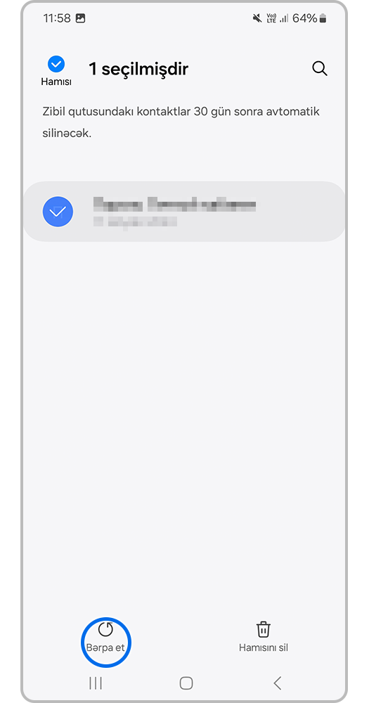 Smartfon ekranı, "Bərpa et" düyməsinə basın.