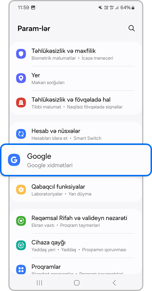 Smartfon ekranı, Parmetrlər Google menyusunu açın.