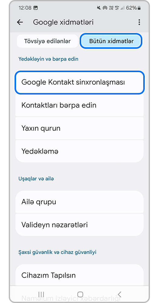 Smartfon ekranı, Google hesabı parametrləri