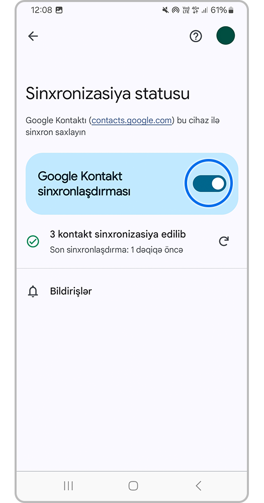 Smartfon Ekranı, Google Kontakt Sinxronizasiyanı aktivləşdirin