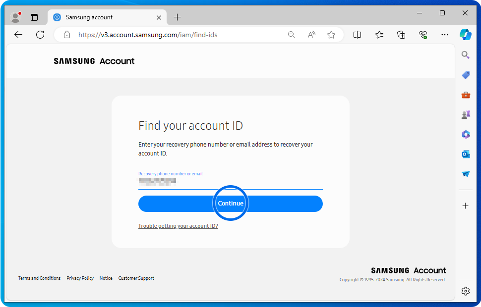 Samsung hesabının bağlı olduğu telefon nömrəsini daxil edin. Növbəti düyməsini sıxın.