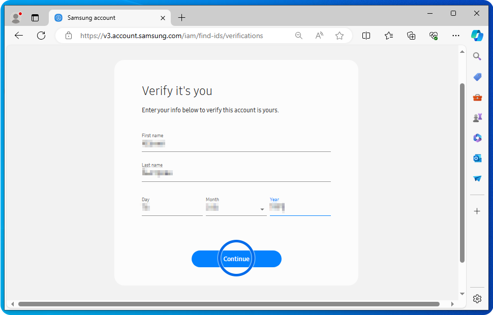 Hesabda ad, soyad və ad gününü qeyd edin. Sonra "Davam etmək" düyməsini sıxın.