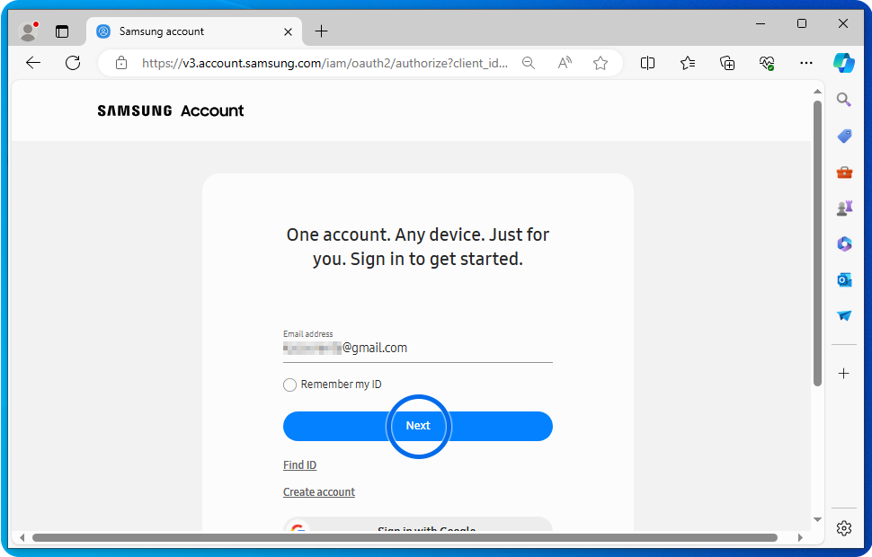 Samsung hesabınızla əlaqəli e-poçt ünvanını daxil edin və "Növbəti" düyməsini sıxın.