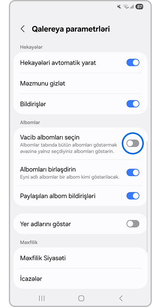 Bir keçid ilə göstərmək üçün albom seçimi xüsusiyyətinin şəkli.