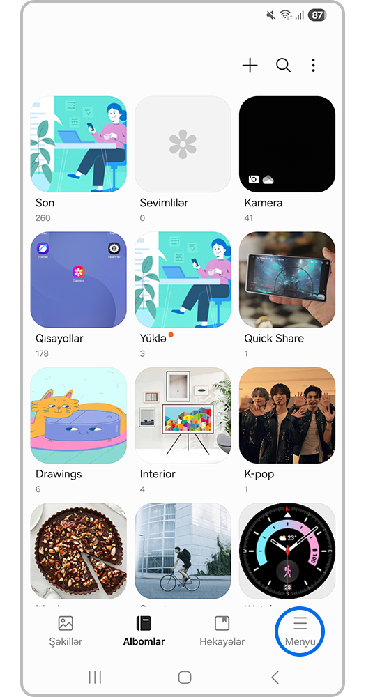 Qalereya tətbiqindəki Qalereya Menyu simgesinin şəkli.