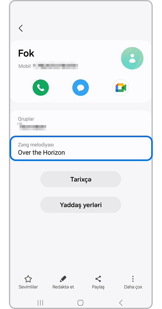 Zəng melodiyası haqqında məlumatın olduğu əlaqə nömrəsi kartoçkası
