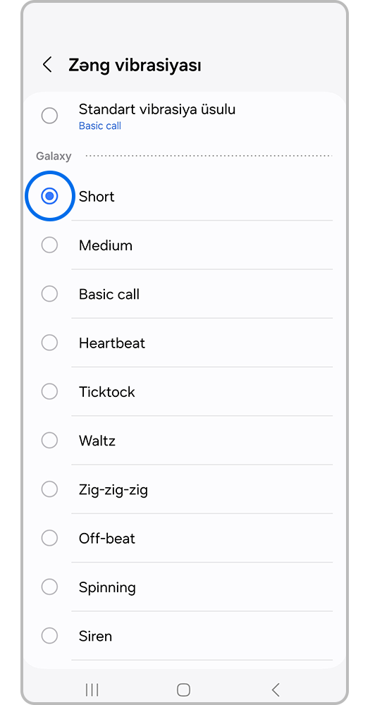 Titrəmə variantlarından birini seçin və "Geri" düyməsini basın.