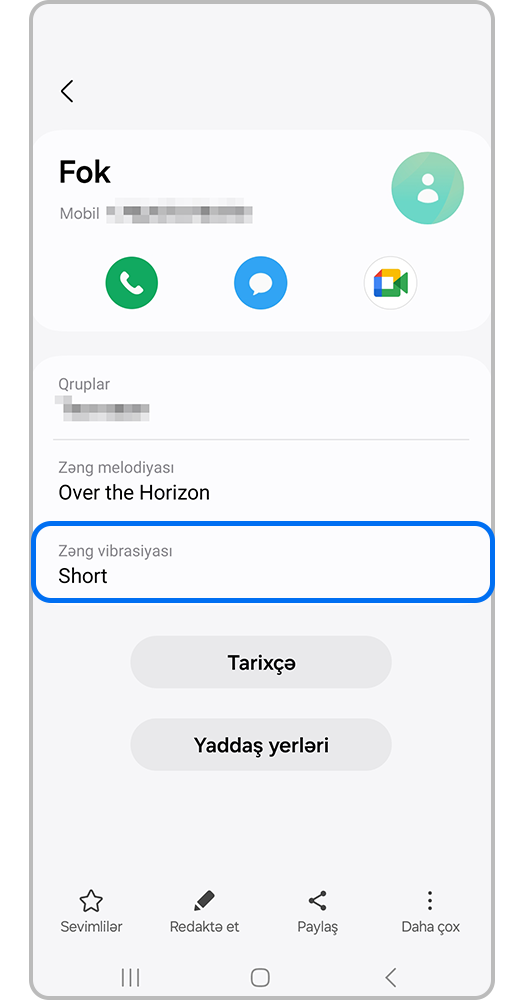 Zəng melodiyası və titrəyiş haqqında məlumatın olduğu əlaqə nömrəsi kartoçkası