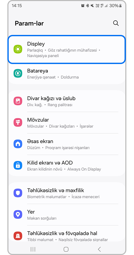 Displey bölməsinə keçin.