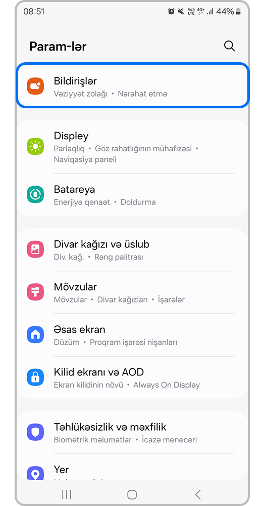 Tənzimləmələr > Bildirişlər bölməsini açın