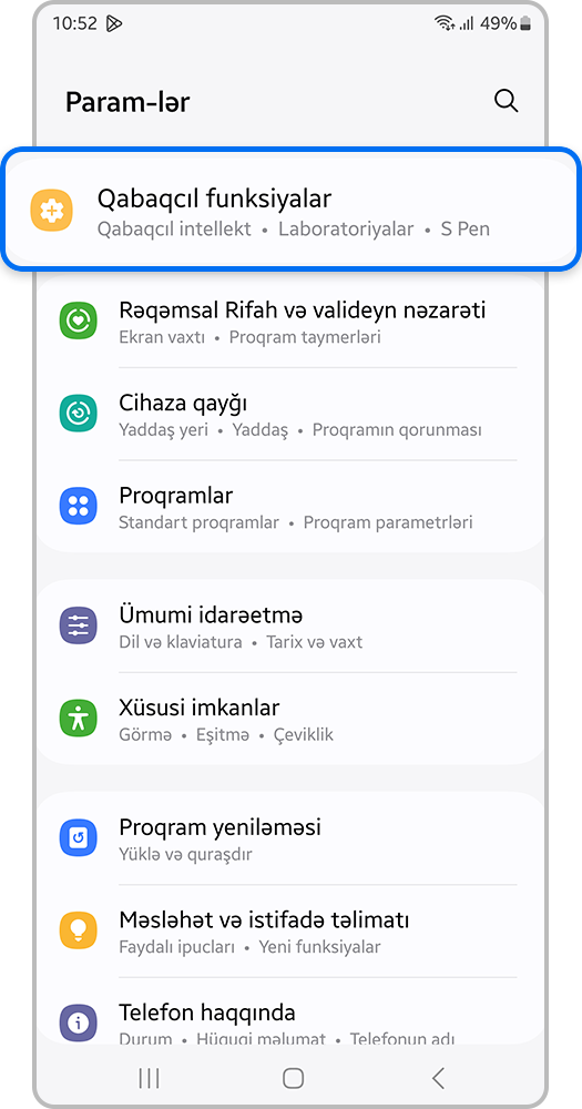 Smartfonun əsas parametrləri ilə telefon ekranı