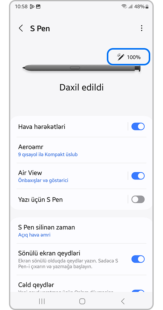 Smartfonun ekran görüntüsü. Qələm qoşulduğu zaman S Pen şəklinin yanında Hazırdır və ya 100% yazısı çıxacaq.