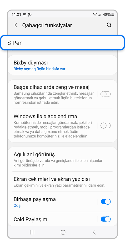 Telefon ekranı, S Pen parametrlərinə keçin