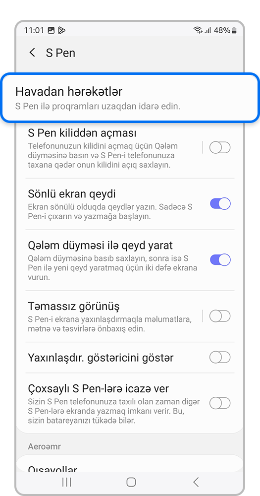 Smartfon ekranında, Havadan hərəkətlər bölməsinin üzərinə basın.