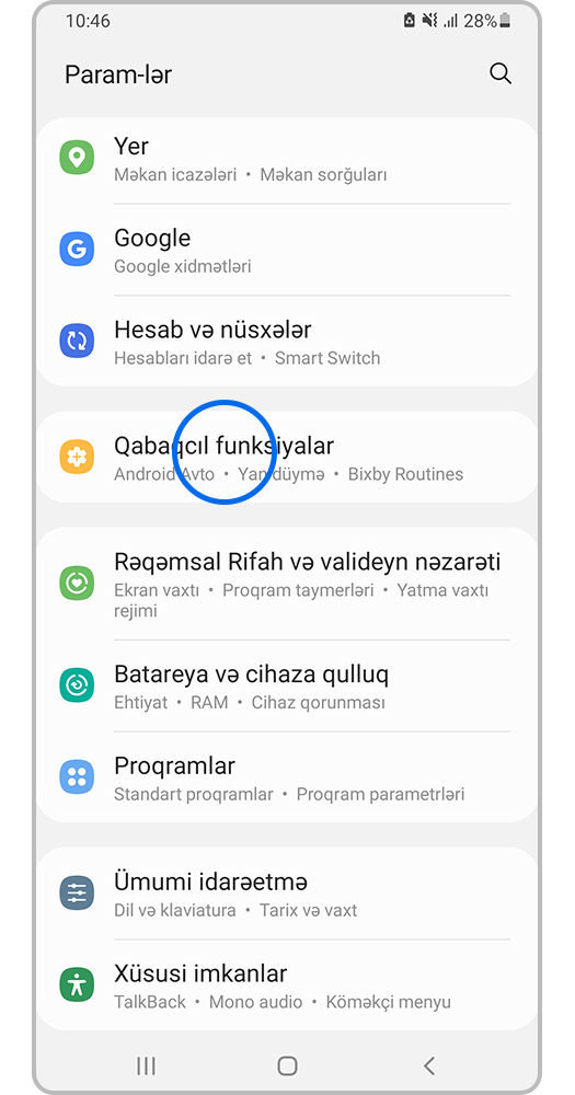 Parametrləri > Qabaqcıl funksiyalar