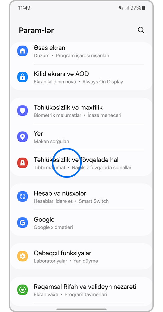 Parametrləri > Təhlükəsizlik və fövqəladə hal