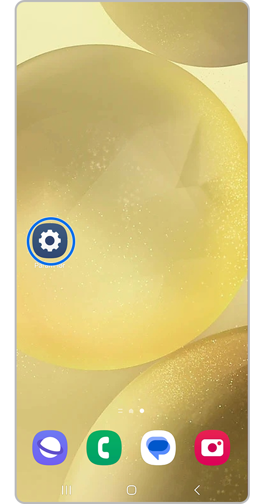 Parametrlər işarəsi vurğulanmış Galaxy telefonunun əsas ekranının görünüşü.