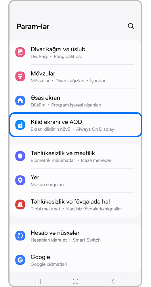 "Ekranı kilidlə" elementi vurğulanmış Parametrlər ekranının görünüşü.