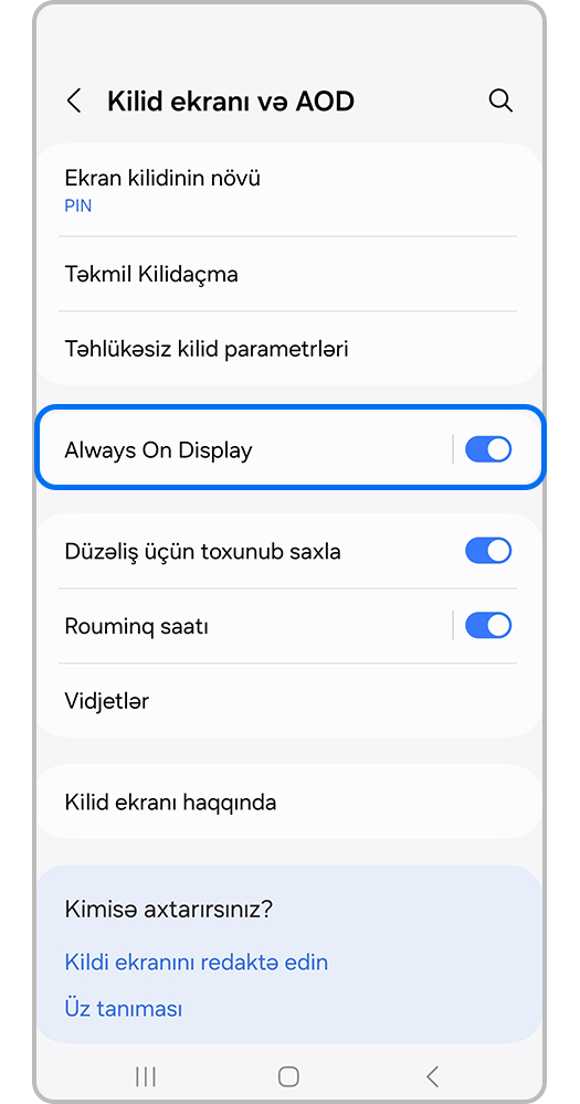 Həmişə Açıq Displey slayderi vurğulanmış şəkildə Kilid Ekranı menyusunun görünüşü.