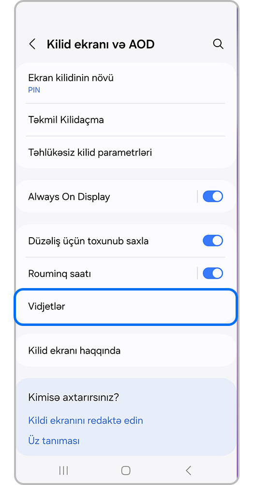 Vurğulanmış "Vidjetlər" elementi ilə "Ekranı kilidlə" elementinin görünüşü.