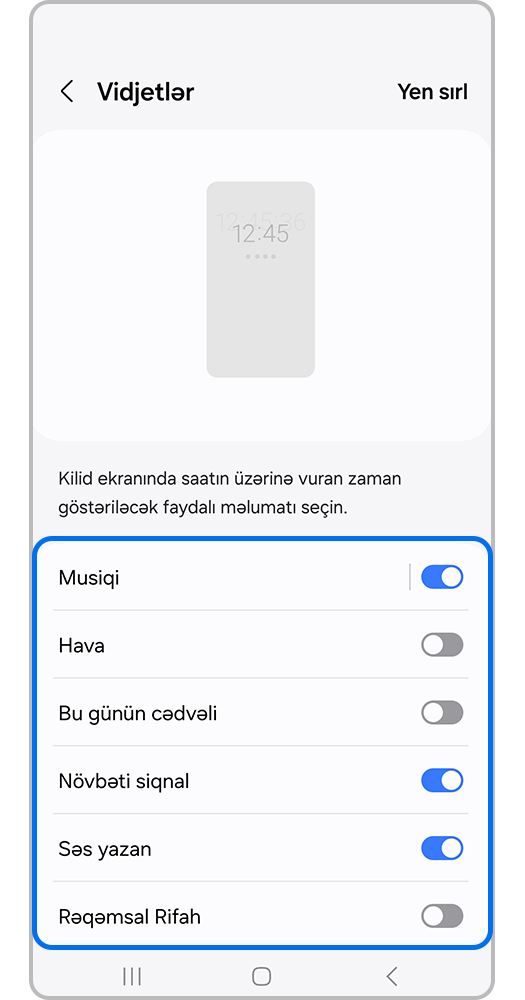 Vurğulanmış Musiqi slayderi ilə Widgets tətbiqinin görünüşü.