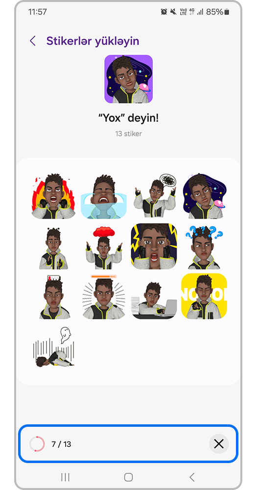 Yükləmə tərəqqi paneli ilə stiker yükləmə menyusu.