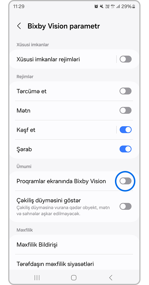 4-cü addım “Tətbiqlər ekranına Bixby Vision əlavə et” seçimini etmədən Bixby Vision parametrlərinə baxın.