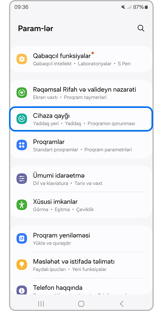 Tənzimləmələri açın və Cihaza qulluq əlavəsinə keçin.