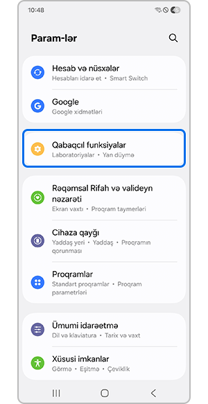 Qabaqcıl funksiyalar menyusunun seçilməsi